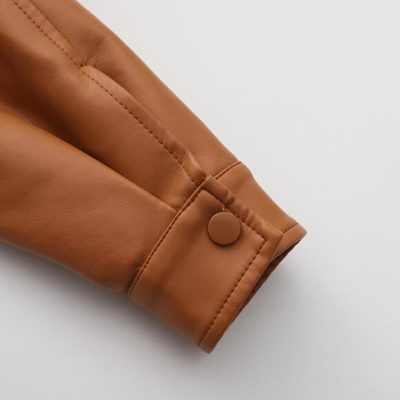 Women Brown Cropped Moto Biker Short Comfortable Pu Faux Leather Fashion Jacket - Picture 6 of 7